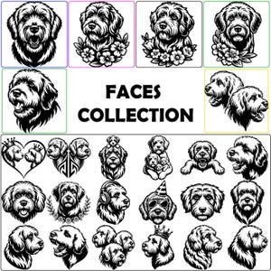 Op de afbeelding: Een verzameling zwart-wit illustraties van honden gezichten. De afbeeldingen tonen verschillende rassen en stijlen, sommige met bloemaccenten, feesthoeden en zonnebrillen. De tekst "FACES COLLECTION" is weergegeven.