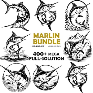 May include: A collection of black and white marlin illustrations. The image includes various designs of marlin, some with water splashes, others within circular frames, and text that reads "MARLIN BUNDLE" and "400+ MEGA FULL-SOLUTION".
