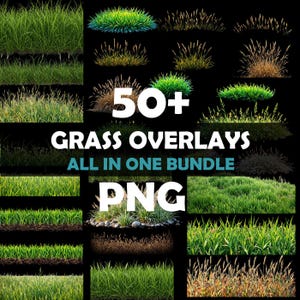 May include: A collection of over 50 grass overlays in PNG format. The image showcases various types of grass, including tall, short, and tufted varieties, in shades of green and brown. Text on the image reads "50+ GRASS OVERLAYS ALL IN ONE BUNDLE PNG."