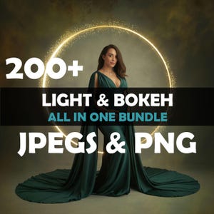 Puede incluir: Una mujer con un vestido verde oscuro se encuentra frente a un círculo dorado brillante. La imagen presenta el texto "200+ LIGHT & BOKEH ALL IN ONE BUNDLE JPEGS & PNG". El fondo es un degradado suave de oro y gris.
