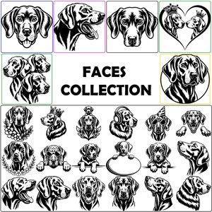 Puede incluir: Una colección de ilustraciones en blanco y negro que muestran varios rostros y cabezas de perros. El conjunto gráfico incluye perros con coronas, auriculares, gafas de sol y detalles florales, con el texto FACES COLLECTION centrado en el medio.
