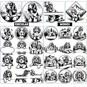 Peut inclure: Diverses illustrations en noir et blanc de chiens, notamment des Cocker Spaniels, dans des formats circulaires et rectangulaires. Certaines images incluent des paysages, des bannières et des zones de texte.