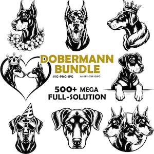 Könnte beinhalten: Eine Sammlung von schwarz-weißen Dobermann-Hundeillustrationen in verschiedenen Posen, darunter Hunde mit Kronen, Partyhüten, Sonnenbrillen und Blumenakzenten. Der Text DOBERMANN BUNDLE SVG-PNG-JPG AI-EPS-DXF-DWG 500+ MEGA FULL-SOLUTION ist zentriert.