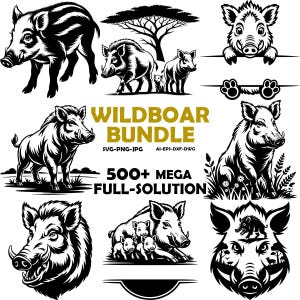 Puede incluir: Un conjunto de ilustraciones de jabalíes en blanco y negro. La imagen incluye un jabalí de pie, un jabalí con crías y una cabeza de jabalí. El texto dice "WILDBOAR BUNDLE" y "500+ MEGA FULL-SOLUTION".