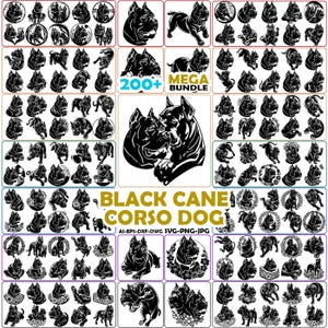 Könnte beinhalten: Eine digitale Sammlung von über 200 schwarz-weißen Vektorillustrationen von Cane Corso Hunden in verschiedenen Posen, einschließlich Porträts und Ganzkörpersilhouetten, mit dem Text 200+ MEGA BUNDLE und BLACK CANE CORSO DOG AI-EPS-DXF-DWG SVG-PNG-JPG.
