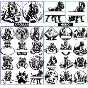 Könnte beinhalten: Eine Sammlung von schwarz-weißen Hundeillustrationen, darunter kreisförmige und rechteckige Designs. Die Bilder zeigen verschiedene Posen des Hundes, einige mit leeren Bannern zur individuellen Gestaltung und Pfotenabdrücken.