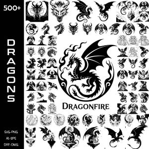 Pacchetto di file SVG di draghi / File di taglio medievali / Vettore di creature mitologiche / Vettore di silhouette fantasy / SVG di viverna / SVG di drago di fuoco