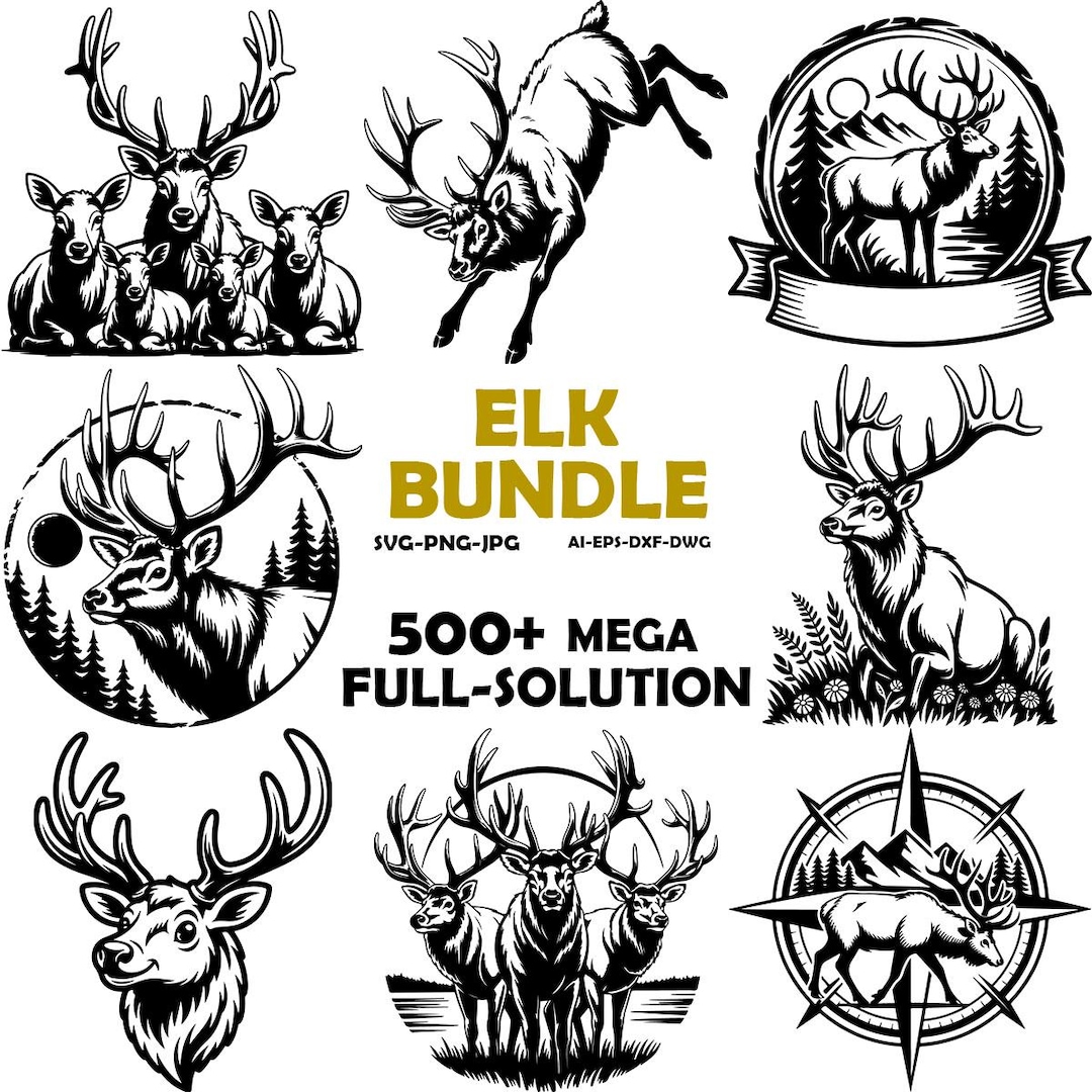 Elk Rack Svg 500 Elk Designs Bundle SVG & PNG for Laser Engraving Print Bull Elk ...