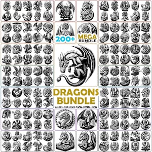 May include: A digital collection of over 200 black and white dragon illustrations presented in a grid layout. The image features various dragon poses, including winged, coiled, and seated figures, with the text 200+ MEGA BUNDLE and DRAGONS BUNDLE.