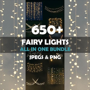 Puede incluir: Un gráfico digital que presenta varios arreglos de luces de hadas blancas cálidas. Se muestra el texto "650+ FAIRY LIGHTS ALL IN ONE BUNDLE", junto con "JPEG & PNG". La imagen muestra diferentes estilos de luces de cadena.