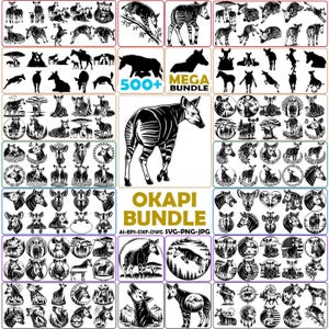 May include: A digital collection of over 500 black and white okapi illustrations, featuring various poses, silhouettes, and circular designs. The graphic set includes the text 500+ MEGA BUNDLE and OKAPI BUNDLE with file formats AI, EPS, DXF, DWG, SVG, PNG, and JPG.
