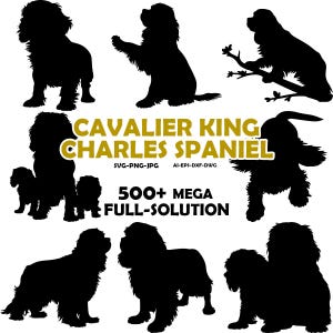 Könnte beinhalten: Schwarze Silhouette-Bilder von Cavalier King Charles Spaniels in verschiedenen Posen. Der Text "CAVALIER KING CHARLES SPANIEL" wird in Gold angezeigt, zusammen mit "500+ MEGA FULL-SOLUTION" in Schwarz.