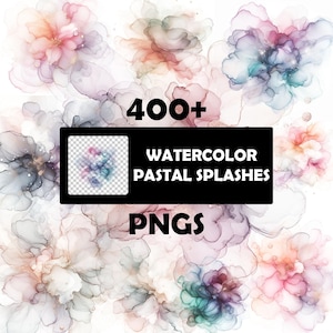 Może przedstawiać: Obraz cyfrowy przedstawiający liczne pastelowe rozpryski akwareli w odcieniach różu, błękitu i brzoskwini. Tekst "400+ WATERCOLOR PASTEL SPLASHES PNGS" jest zawarty w czarnym prostokącie.