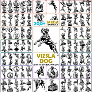 Puede incluir: Una colección digital de más de 200 ilustraciones en blanco y negro de perros Vizsla en varias posturas, incluyendo sentados, corriendo y saltando, con el texto 200+ MEGA BUNDLE VIZSLA DOG AI-EPS-DXF-DWG SVG-PNG-JPG en el centro.