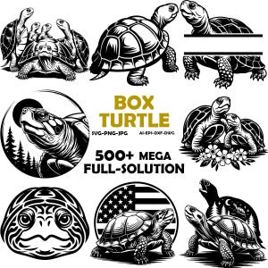 May include: A collection of black and white box turtle illustrations. The images include turtles in various poses, some with floral accents, and one with an American flag design. Text reads "BOX TURTLE" and "500+ MEGA FULL-SOLUTION".