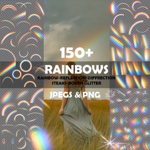 Puede incluir: Composición de arte digital con diversos efectos de arcoíris, incluyendo arcos, círculos y refracciones de luz. La imagen incluye el texto "150+ RAINBOWS" y "JPEGS & PNG". Una persona está en un campo con un arcoíris al fondo.