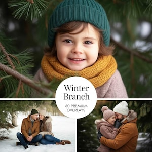 May include: A young person wearing a green knit cap and a yellow scarf smiles in front of a pine tree. The image includes the text "Winter Branch" and "60 Premium Overlays", with two additional images of couples in winter clothing.