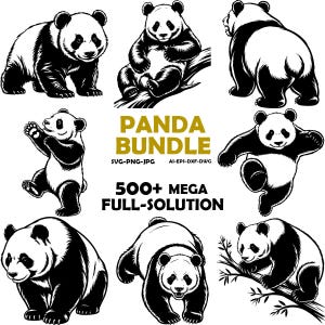 May include: A digital collection of black and white panda illustrations featuring various poses including sitting, walking, and climbing. The central text reads PANDA BUNDLE SVG-PNG-JPG AI-EPS-DXF-DWG 500+ MEGA FULL-SOLUTION in gold and black lettering.