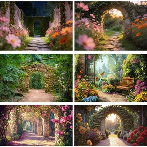 May include: A collection of six images showcasing picturesque garden scenes. Each image features stone archways, pathways, and vibrant flowers in shades of pink, orange, and yellow. Lush greenery and sunlight create a serene, inviting atmosphere.