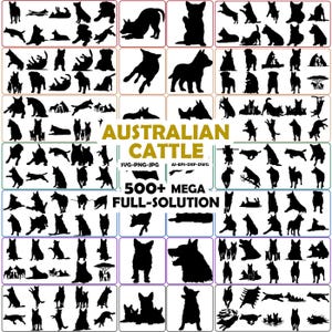 Op de afbeelding: Een verzameling zwarte silhouetafbeeldingen van Australian Cattle Dogs in verschillende poses. De afbeelding bevat de tekst "AUSTRALIAN CATTLE" en "500+ MEGA FULL-SOLUTION". De silhouetten tonen honden die rennen, zitten en staan.