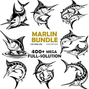 May include: A collection of black and white marlin illustrations in various poses, including swimming and leaping. The text "MARLIN BUNDLE" and "400+ MEGA FULL-SOLUTION" are in gold.