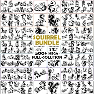 Op de afbeelding: Een digitale collectie van zwart-witte eekhoornillustraties gerangschikt in een raster. De centrale tekst luidt SQUIRREL BUNDLE SVG-PNG-JPG AI-EPS-DXF-DWG 500+ MEGA FULL-SOLUTION. De afbeeldingen tonen eekhoorns in diverse houdingen en activiteiten.