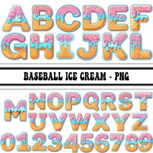 May include: A full alphabet and numbers set designed as ice cream cones. Each letter and number is made to look like a waffle cone with pink, blue, and sprinkles. The text "BASEBALL ICE CREAM - PNG" is in the middle.