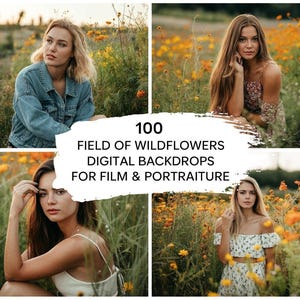 May include: Four images of women in a field of wildflowers. The images are digital backdrops for film and portraiture. The text in the image reads "100 FIELD OF WILDFLOWERS DIGITAL BACKDROPS FOR FILM & PORTRAITURE."