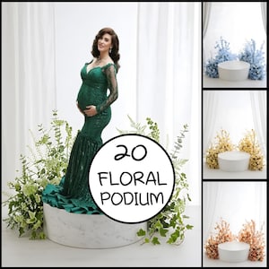 Könnte beinhalten: Eine Frau in einem grünen Paillettenkleid steht auf einem floralen Podest aus Marmor. Das Bild enthält drei zusätzliche Podeste mit blauen, goldenen und pfirsichfarbenen Blumenarrangements. Der Text auf dem Bild lautet "20 FLORAL PODIUM".