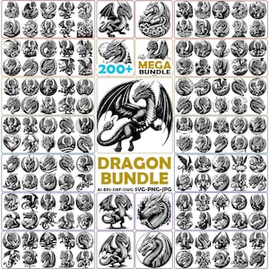 Pacchetto di file SVG Drago / File di taglio medievali / Creatura mitologica vettoriale / Silhouette fantasy vettoriale / Wyvern SVG / Drago di fuoco SVG
