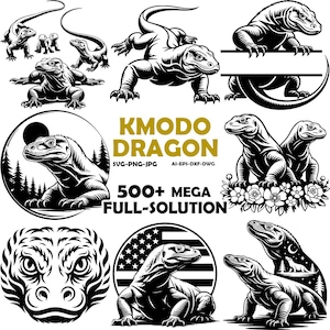 May include: A collection of black and white Komodo dragon illustrations in various poses. The image includes the text "KMODO DRAGON" and "500+ MEGA FULL-SOLUTION" with file type indicators.
