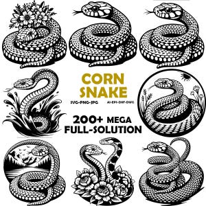 May include: A selection of black and white corn snake designs, featuring different poses and compositions. Some snakes are coiled, others are depicted in action, and some are decorated with flowers or enclosed in circular frames. Text includes "CORN SNAKE" and "200+ MEGA FULL-SOLUTION".