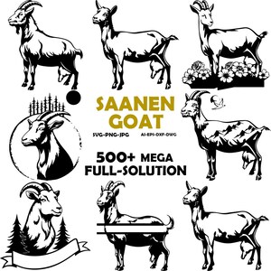 May include: A collection of Saanen goat illustrations in black and white. The images include full body views, profile portraits, and designs with floral and mountain elements. Text reads "SAANEN GOAT" and "500+ MEGA FULL-SOLUTION".