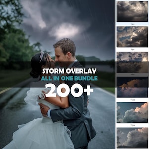 Pode incluir: Um pacote de sobreposição de fotos de casamento com um casal se abraçando em uma estrada chuvosa, com o texto "STORM OVERLAY ALL IN ONE BUNDLE 200+". Imagens adicionais de nuvens de tempestade são exibidas à direita.
