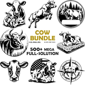 May include: A selection of monochrome cow illustrations, featuring different poses such as a cow with its calf, a leaping cow, and cows within circular designs. The image also includes the text "COW BUNDLE" and "500+ MEGA FULL-SOLUTION".