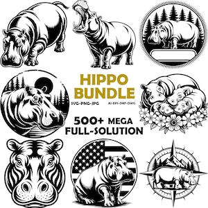 May include: A collection of black and white hippo illustrations. The image includes various hippo designs, some with open mouths, others in circular frames with trees, and one with an American flag background. Text reads "HIPPO BUNDLE" and "500+ MEGA FULL-SOLUTION."