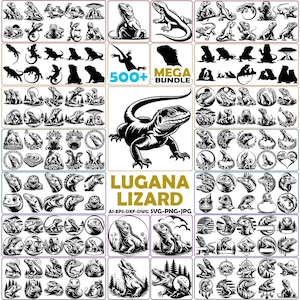 Può includere: Una collezione di illustrazioni di lucertole in bianco e nero, in varie pose e stili. L'immagine include il testo "MEGA BUNDLE" e "LUGANA LIZARD" con informazioni sui formati di file.