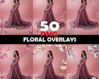 Floral Branch PNG Overlay, Maternity Photography Backdrop (Digital Download)