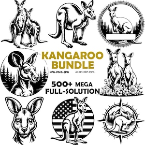 May include: A collection of black and white kangaroo illustrations. The images include kangaroos in various poses, some with floral and mountain backgrounds, and one with an American flag design. Text reads "Kangaroo Bundle" and "500+ Mega Full-Solution."