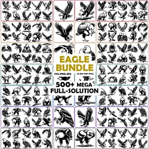 Può includere: Una collezione digitale di illustrazioni di aquile in bianco e nero con varie pose, tra cui in volo, appollaiate e a caccia. Il testo centrale recita EAGLE BUNDLE SVG-PNG-JPG AI-EPS-DXF-DWG 500+ MEGA FULL-SOLUTION in lettere oro e nere.