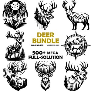 May include: A collection of eight black and white deer illustrations featuring forest, mountain, and compass motifs. The central text reads DEER BUNDLE SVG-PNG-JPG AI-EPS-DXF-DWG 500+ MEGA FULL-SOLUTION in gold and black lettering on a white background.