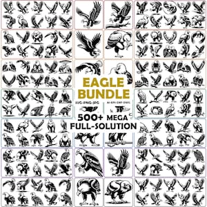 Può includere: Una collezione digitale di illustrazioni di aquile in bianco e nero con varie pose, tra cui in volo, appollaiate e a caccia. Il testo centrale recita EAGLE BUNDLE SVG-PNG-JPG AI-EPS-DXF-DWG 500+ MEGA FULL-SOLUTION in lettere oro e nere.
