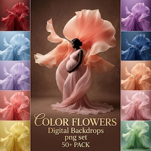 May include: A digital backdrop set featuring a pregnant person in a flowing pink dress, surrounded by large, colorful, flower-like fabric. The image includes a variety of colors, including red, blue, purple, and yellow. Text on the image reads "COLOR FLOWERS Digital Backdrops png set 50+ PACK."