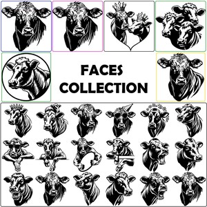 May include: A collection of black and white cow face illustrations. The image features various cow portraits, some with crowns, sunglasses, or other accessories. The text "FACES COLLECTION" is displayed in the center.