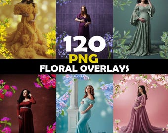 Superposiciones de marcos florales primaverales para fotografía compuesta, superposiciones de fondos de maternidad, superposiciones PNG de ramas de flores borrosas