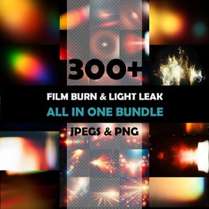 Könnte beinhalten: Ein digitales Kunstpaket mit über 300 Filmbrand- und Lichtleckeffekten. Das Bild zeigt verschiedene farbenfrohe Lichtreflexe und -streifen, mit Text, der darauf hinweist, dass das Paket JPEGs und PNGs enthält.