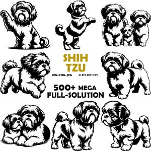 Op de afbeelding: Een verzameling zwart-witillustraties met Shih Tzu honden in verschillende houdingen. De tekst SHIH TZU, SVG-PNG-JPG, AI-EPS-DXF-DWG en 500+ MEGA FULL-SOLUTION staat in het midden van deze grafische set afgebeeld.