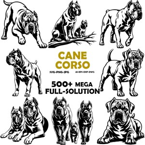 Könnte beinhalten: Eine Sammlung von schwarz-weißen grafischen Illustrationen, die Cane Corso Hunde in verschiedenen Posen zeigen, darunter stehend, sitzend und liegend. Der Text CANE CORSO, SVG-PNG-JPG, AI-EPS-DXF-DWG und 500+ MEGA FULL-SOLUTION steht in der Mitte.