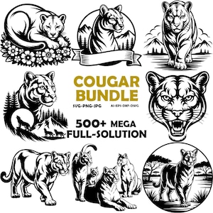 Peut inclure: Plusieurs illustrations de cougars en noir et blanc, dans diverses poses, comme couchés, marchant ou avec des petits. Le texte "COUGAR BUNDLE" et "500+ MEGA FULL-SOLUTION" sont également présents.