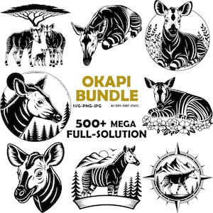May include: A collection of black and white Okapi illustrations in various poses, with the text "OKAPI BUNDLE" and "500+ MEGA FULL-SOLUTION". The images are suitable for digital design projects.